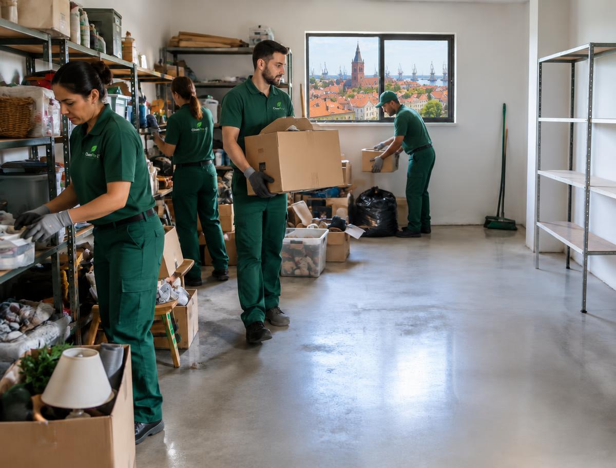 Darbuotojai rūšiuoja ir išneša daiktus iš užkrautos patalpos